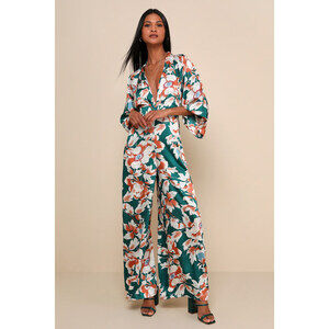 Lulus From Sunrise Teal Floral Print Wide-leg Jumpsuit Green - Size S